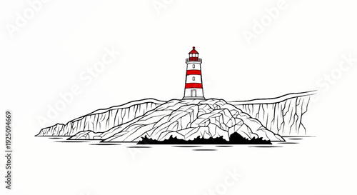 Stylized black and white drawing of a red and white striped lighthouse on rocky cliffs
