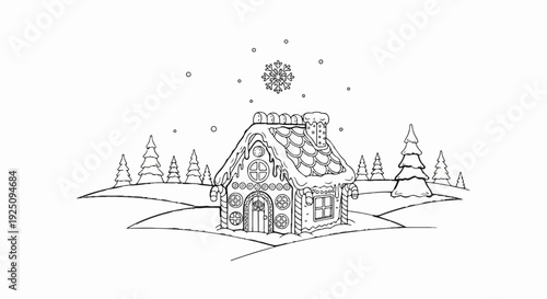 A festive gingerbread house sits amidst a winter wonderland with snow-covered trees