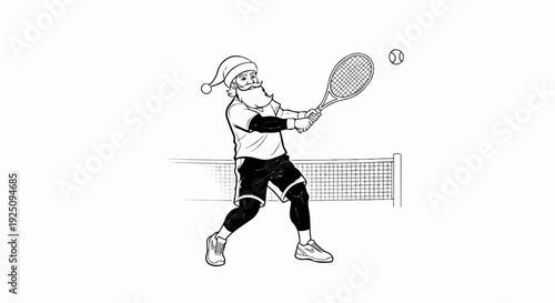A festive figure with a beard and Santa hat plays tennis on a court