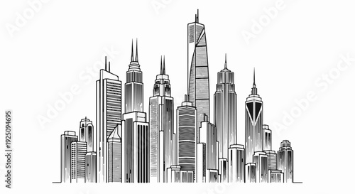 Stylized black and white illustration of a dense city skyline with varied skyscrapers
