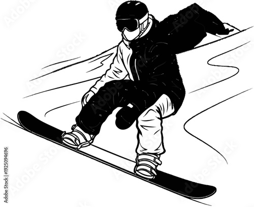 A dynamic black and white illustration of a snowboarder in mid-air