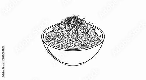 A black and white sketch of a bowl filled with shredded food and topped with seeds