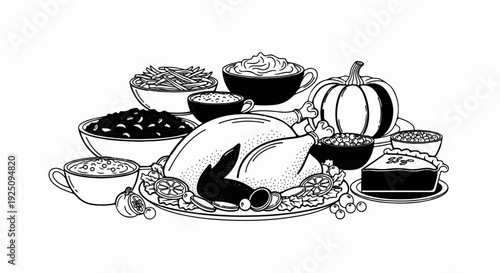 A bountiful holiday spread featuring a roasted bird, pie, pumpkin, and various side dishes