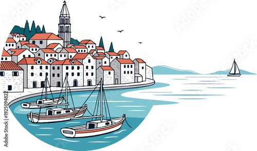 Boats moored by a coastal town with a church spire and distant sailboat