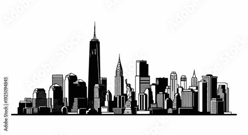 Black and white line drawing of a famous city skyline with iconic buildings