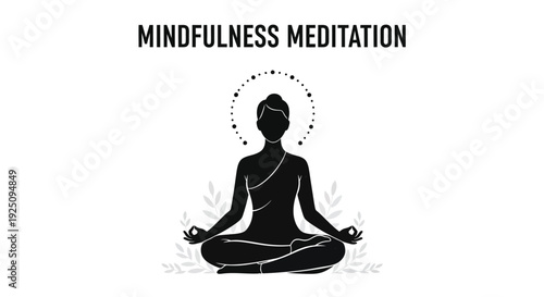 Silhouette illustration depicting a person practicing seated lotus position mindfulness meditation signaling inner peace and spiritual awakening