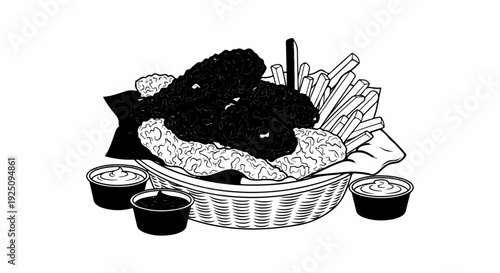 A basket of crispy fried chicken pieces and french fries with dipping sauces