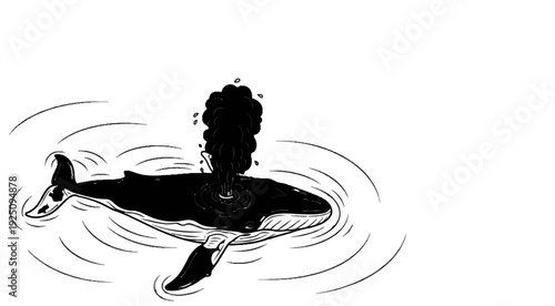 Black and white drawing of a whale spouting dark smoke in rippling water