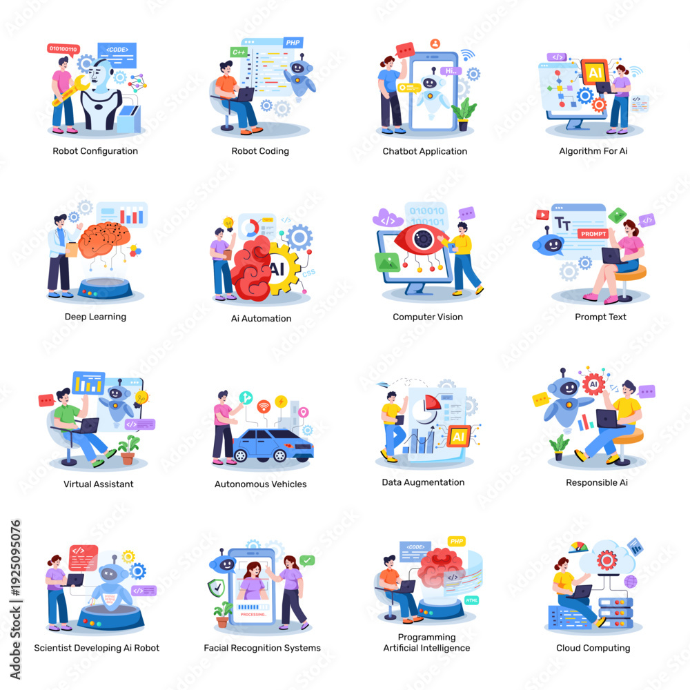 Fototapeta premium Set of Artificial Intelligence Flat Illustrations 
