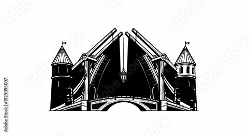A black and white drawing of a drawbridge with towers and a lamp