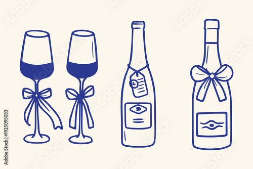 Hand Drawn Wine Glasses and Bottles with Ribbon Bows Vector Illustration Set