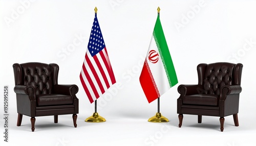 Two leather armchairs with U.S. and Iranian flags between them, symbolizing diplomacy and negotiation.