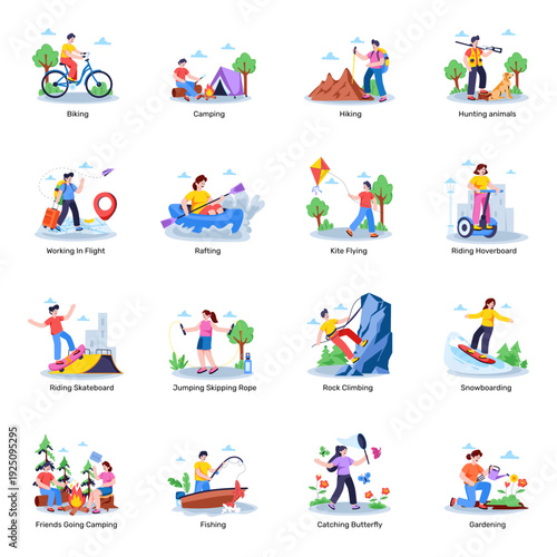 Set of Outdoor Activities Flat Illustrations 