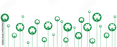 Green clover shamrock pattern on white background with circular shapes and stems. Minimal vector illustration symbolizing luck, St Patrick’s Day celebration and festive decorative backdrop design.