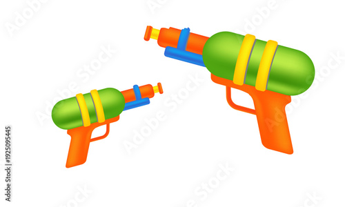 Two colorful plastic water guns of different sizes isolated on a white background.