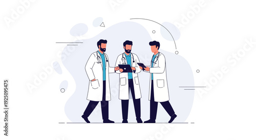 Three doctors in white coats discussing a tablet, medical teamwork concept
