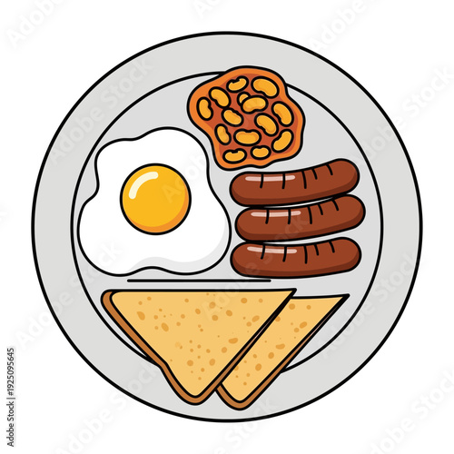 A hearty breakfast plate with egg, sausages, toast, and hash browns.