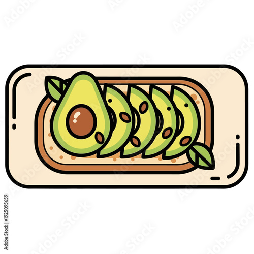 Sliced Avocado on a Plate Cartoon Illustration.