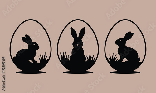 Easter bunnies and grass silhouettes inside oval egg frames on a soft background