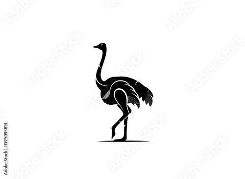 A black silhouette of an ostrich standing on one leg with its wings slightly spread. isolated on transparent background, isolated on white background, Vector