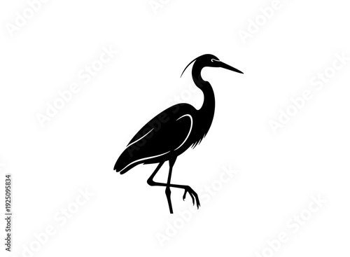 A solitary black silhouette of a heron standing on one leg in a serene landscape isolated on transparent background, isolated on white background, Vector