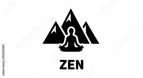 Serene illustration of a person meditating in a mountainous landscape surrounded by zen elements