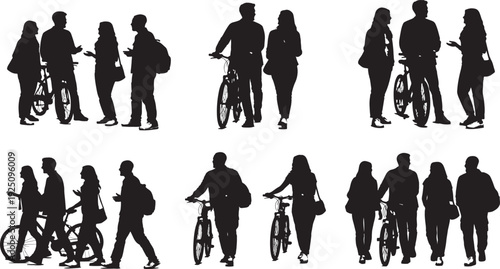 Group of people silhouettes with bicycle