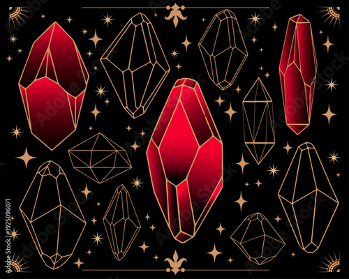 Beautiful decorative frame and border elements and crystals and Rubies with stars 