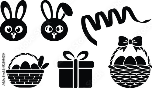 Easter celebration icons set with bunny faces gift box eggs in basket and decorative streamers