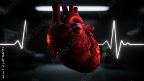 A glowing red human heart model against a dark, blurred background