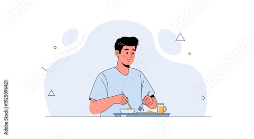 Young Man Eating Meal on Tray with Drink, Healthy Lifestyle
