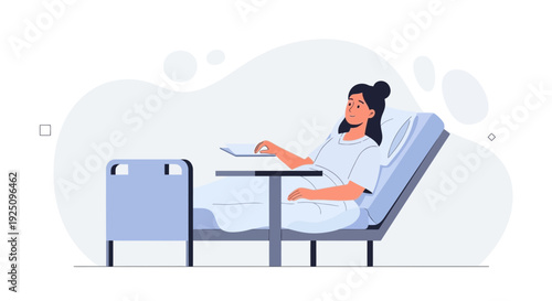 Young Woman Patient Lying in Hospital Bed with IV Drip and Tray