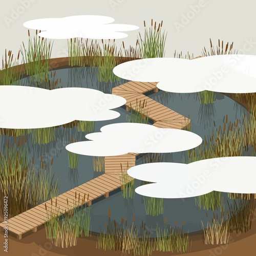 Serene pond with wooden walkway and lily pads in a tranquil setting.