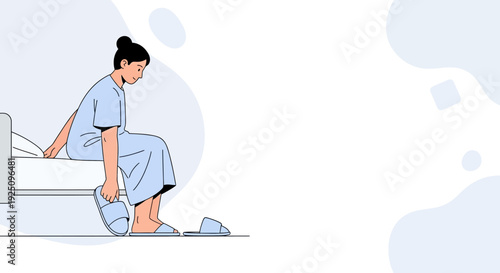 Woman in hospital gown sitting on bed, putting on slippers, medical care concept