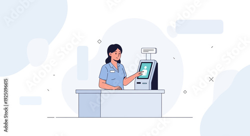 Woman using self-service kiosk for information or checkout in a store