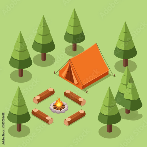 Camping Scene with Orange Tent and Campfire Surrounded by Trees.