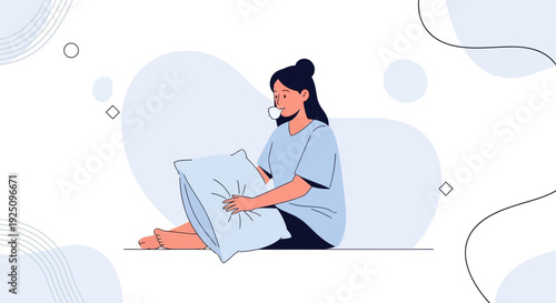 Woman with Pillow, Dreaming and Thinking, Calm and Peaceful Mood