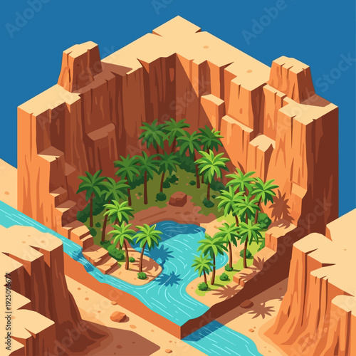 Isometric Oasis Landscape with Palm Trees and Water Stream.