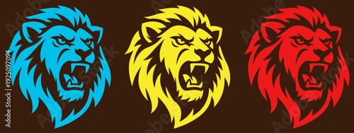 Colorful lion heads in blue, yellow, and red on brown background