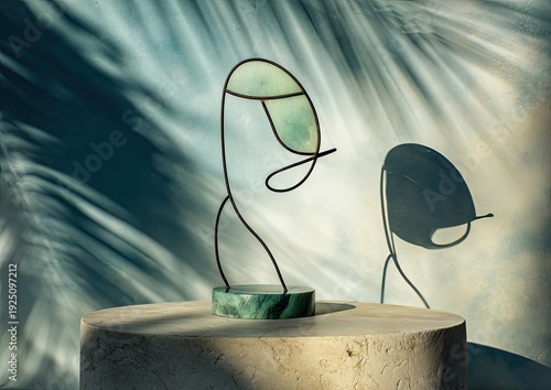Abstract sculpture on a pedestal with shadow play against a blue-toned wall