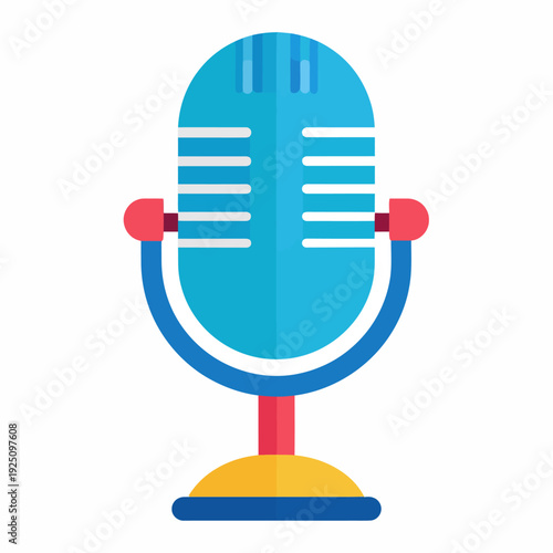 A vibrant cartoon illustration of a stylized microphone on a red stand with yellow base, showing light blue head and dark blue curved body, viewed frontally in a clean white studio setting