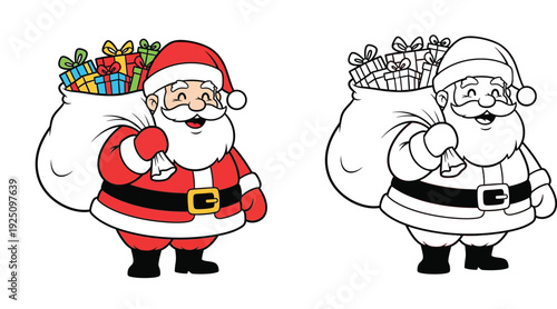 Cartoon Santa Claus carrying a sack of gifts, featuring both a colorful vector illustration and a black and white outline for coloring books.