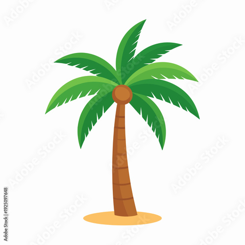 Cheerful cartoon illustration of a palm tree on a sunny beach, viewed from a frontal angle, highlighting vibrant green leaves, brown trunk, and a small sand mound under a white backdrop