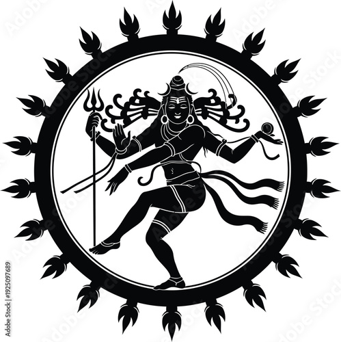 Lord Shiva Nataraja Cosmic Dance Illustration with Circular Flame Motif, Multiple Arms Holding Trishula and Damaru, Dynamic Pose, Flowing Garments, and Spiritual Hindu Artwork Design