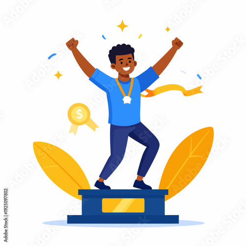 Triumphant man standing on a blue‑dark pedestal holding a gold medal, celebrating victory with raised arms, yellow leaves and confetti, viewed from a frontal celebratory illustration perspective