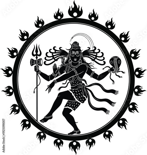 Lord Shiva Nataraja Dancing Pose Illustration with Circular Flame Motif, Multiple Arms Holding Trishula and Damaru, Flowing Garments, Cosmic Energy, and Spiritual Hindu Artwork Design