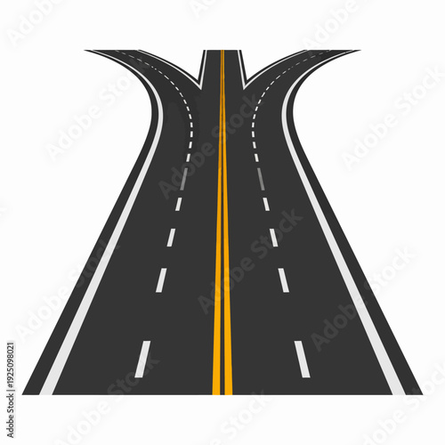 Top-down view of a black road split into two lanes with a central yellow line and side white markings, illustrated on a plain white background for design reference