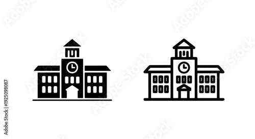 Classic School Building Icons with Clock Tower: Education, Learning, and University Campus Symbol