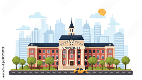 Classic university campus building with grand pillars located in front of a modern city skyline under a bright sunny afternoon sky.