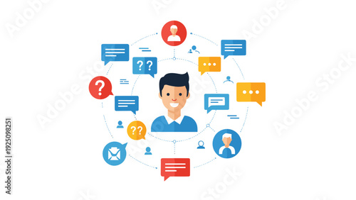 Young man at the center of a complex social network of communication icons representing global connectivity and modern digital chat.